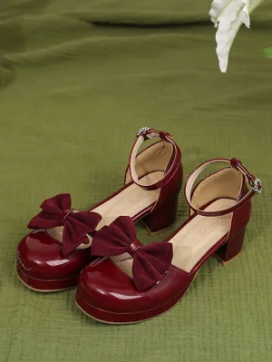 Academic Lolita Sandals Bows Round Toe PU Leather Burgundy Lolita Summer Shoes