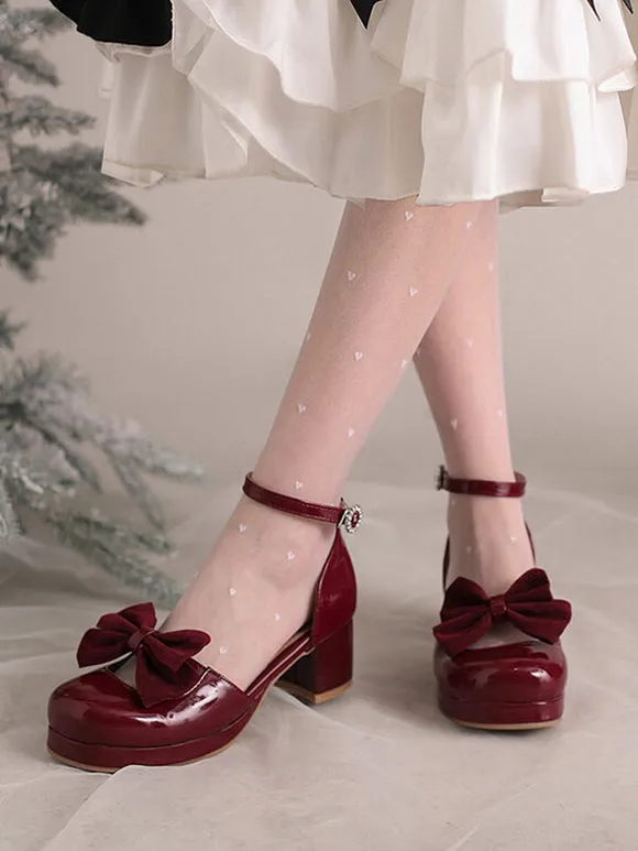 Academic Lolita Sandals Bows Round Toe PU Leather Burgundy Lolita Summer Shoes
