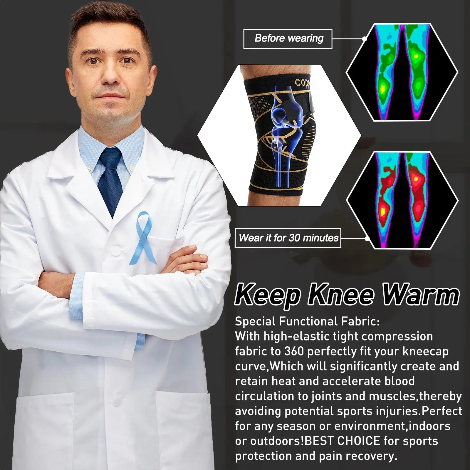 Adjustable Copper Knee Braces, Black, Size 5XL