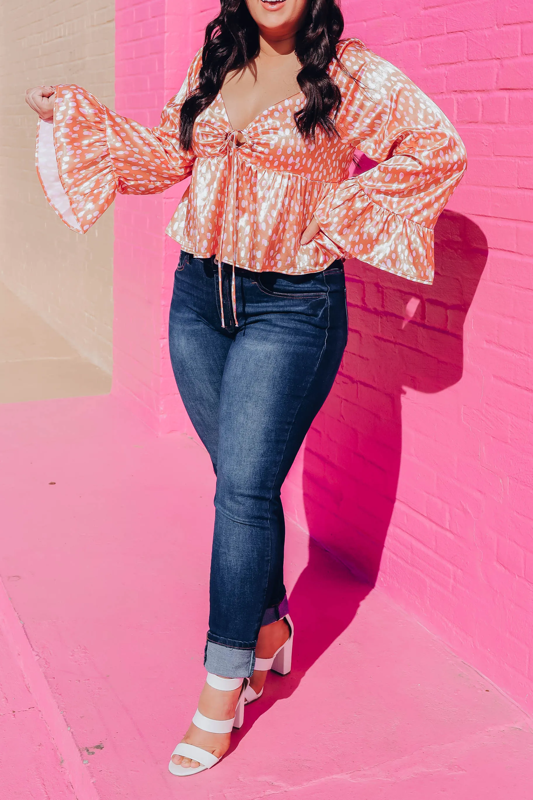Amarillo Bell Sleeve Top - Tangerine/Ivory