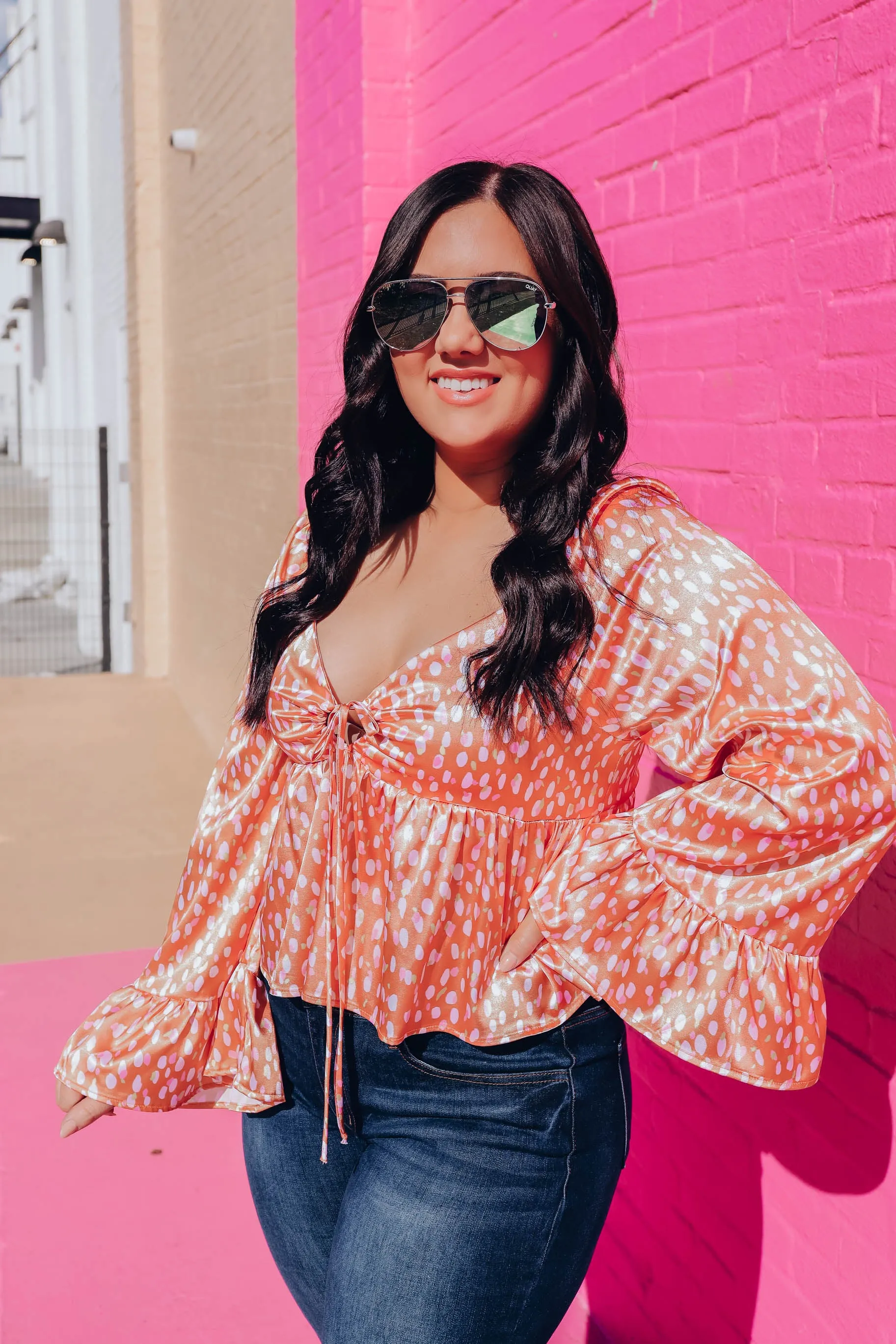 Amarillo Bell Sleeve Top - Tangerine/Ivory