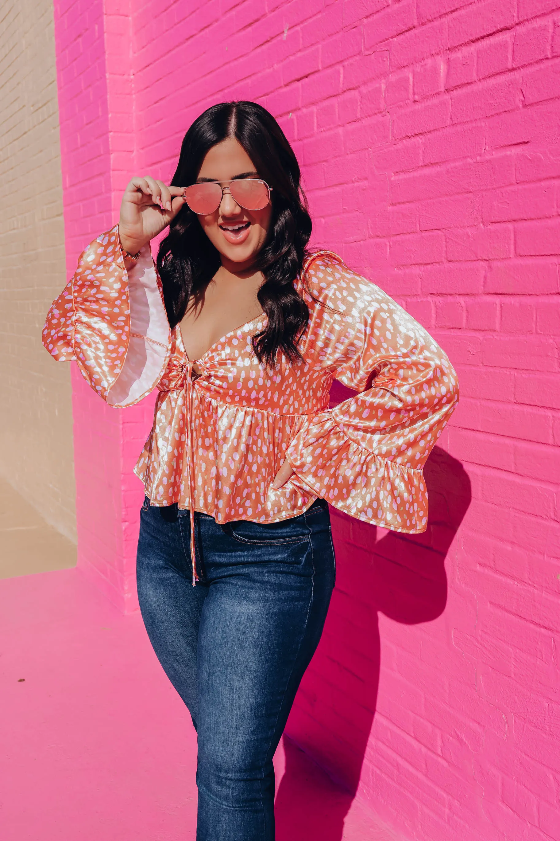 Amarillo Bell Sleeve Top - Tangerine/Ivory
