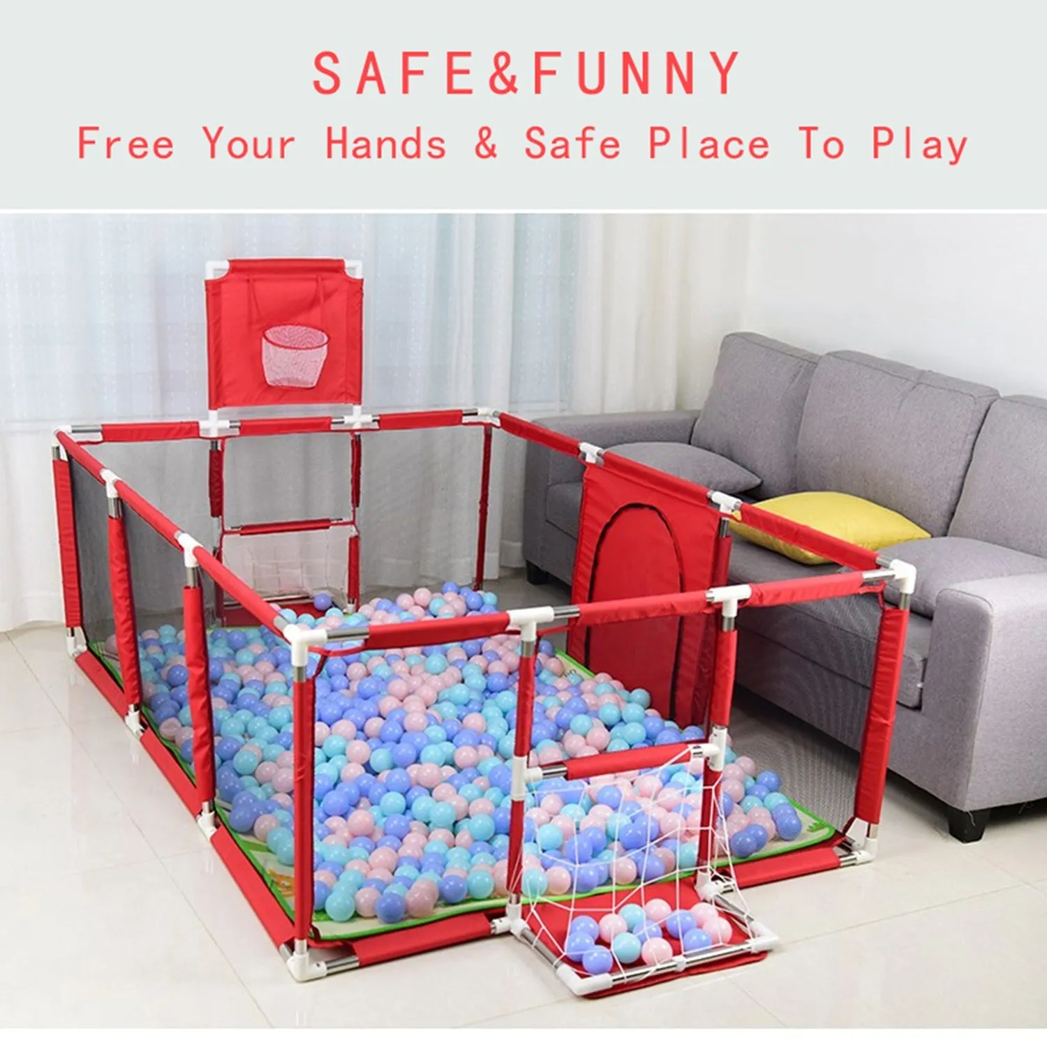 Babyip Extra Large Playpen | Play Yard for Babies | Football | Basketball | Red