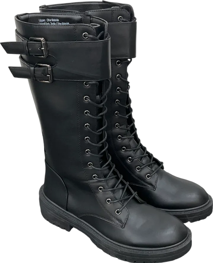 Be You Black Long Lace Up Biker Boots UK 7 EU 40 👠