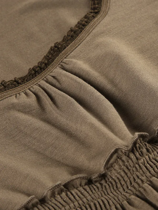 Braunes Vintage Langarmshirt mit Eckigem Kragen Stitching Details