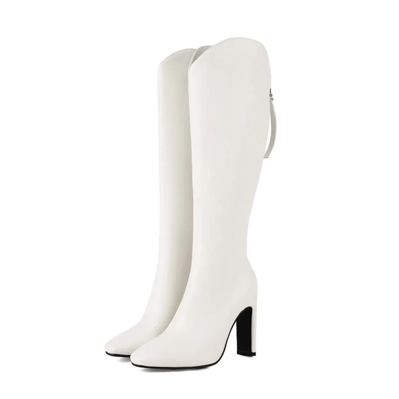 cold weather outfits JazzHer 10cm Heel Fashion Knee Boots Wide Leg Autumn Antislip Shoes Big Size 46 47 48 US17 White