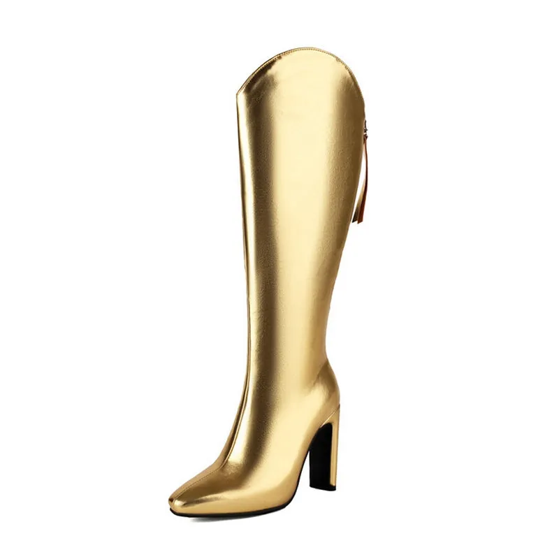 cold weather outfits JazzHer 10cm Heel Fashion Knee Boots Wide Leg Autumn Antislip Shoes Big Size 46 47 48 US17 White