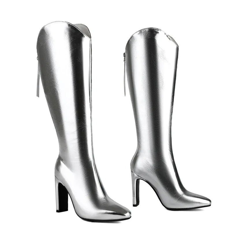 cold weather outfits JazzHer 10cm Heel Fashion Knee Boots Wide Leg Autumn Antislip Shoes Big Size 46 47 48 US17 White