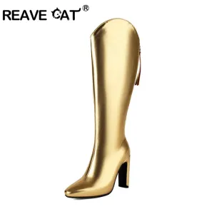 cold weather outfits JazzHer 10cm Heel Fashion Knee Boots Wide Leg Autumn Antislip Shoes Big Size 46 47 48 US17 White