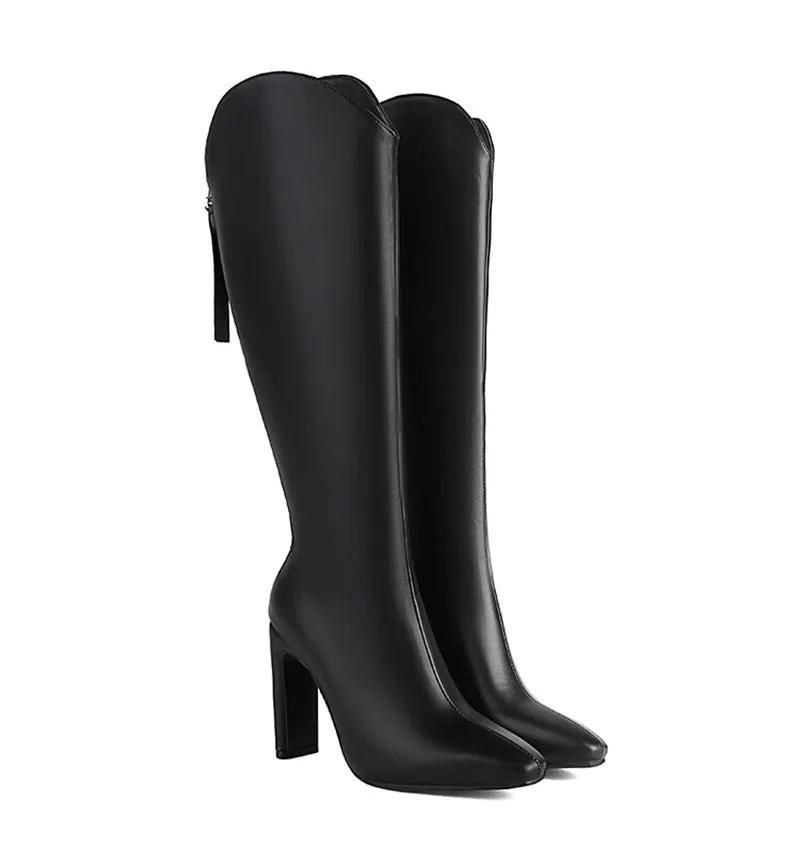 cold weather outfits JazzHer 10cm Heel Fashion Knee Boots Wide Leg Autumn Antislip Shoes Big Size 46 47 48 US17 White