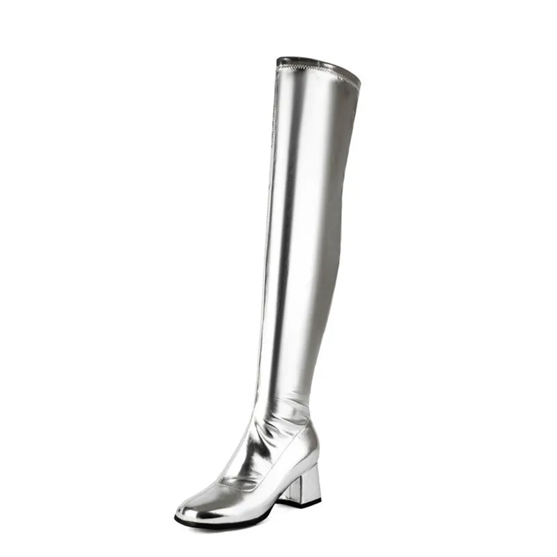 cold weather outfits JazzHer Autumn Over Knee Boots 6cm Chunky Heel Round Toe Leather Thigh High Big Size 45 46 47 48 US17 Black White