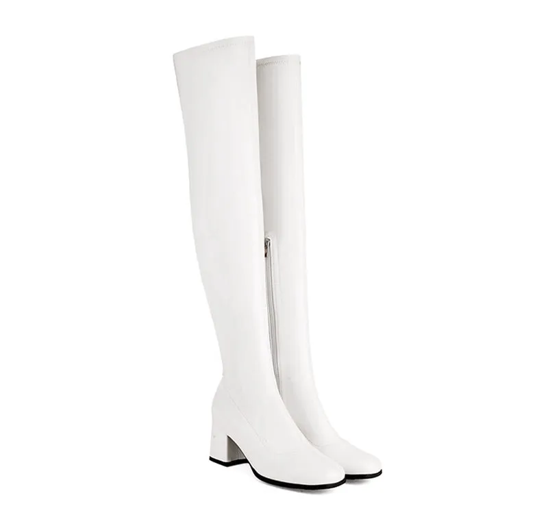 cold weather outfits JazzHer Autumn Over Knee Boots 6cm Chunky Heel Round Toe Leather Thigh High Big Size 45 46 47 48 US17 Black White