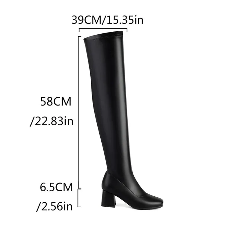 cold weather outfits JazzHer Autumn Over Knee Boots 6cm Chunky Heel Round Toe Leather Thigh High Big Size 45 46 47 48 US17 Black White