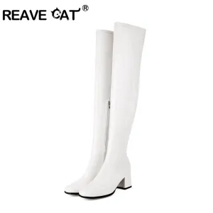 cold weather outfits JazzHer Autumn Over Knee Boots 6cm Chunky Heel Round Toe Leather Thigh High Big Size 45 46 47 48 US17 Black White