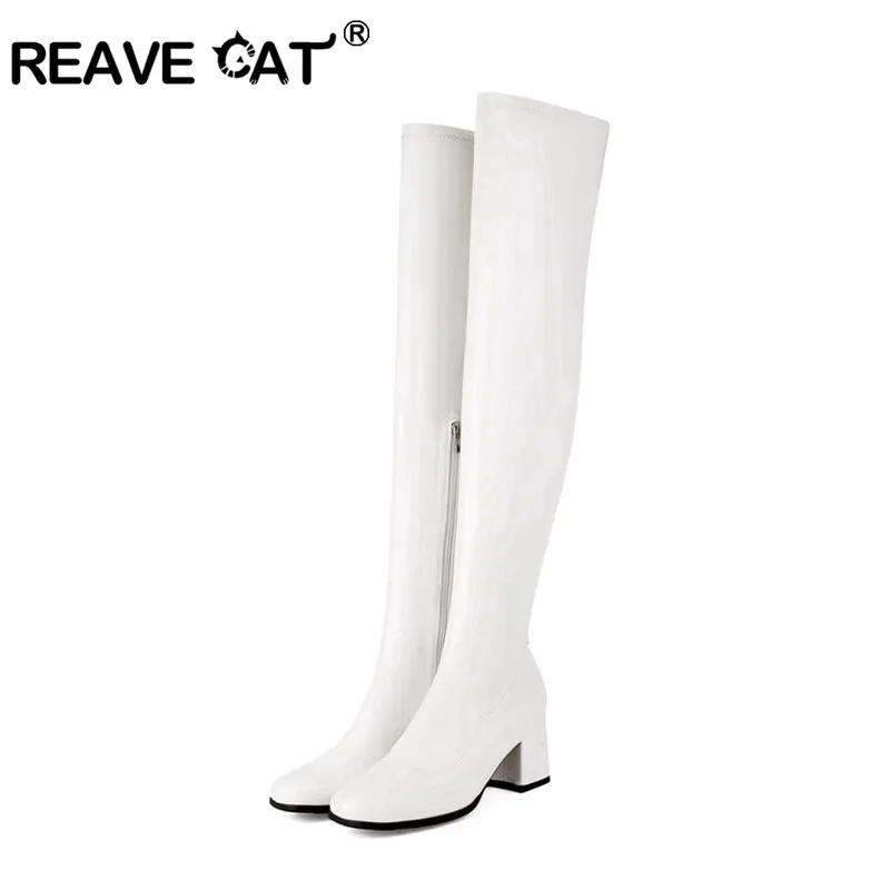 cold weather outfits JazzHer Autumn Over Knee Boots 6cm Chunky Heel Round Toe Leather Thigh High Big Size 45 46 47 48 US17 Black White