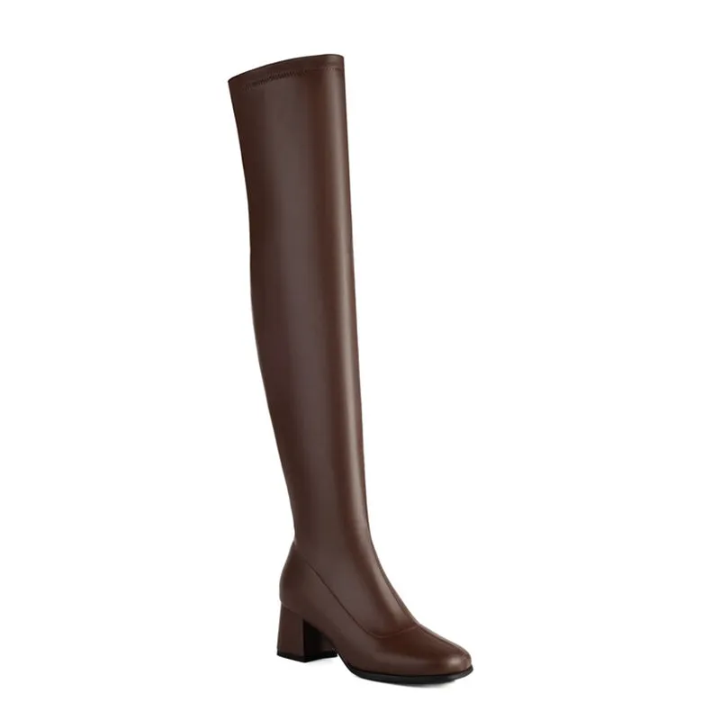 cold weather outfits JazzHer Autumn Over Knee Boots 6cm Chunky Heel Round Toe Leather Thigh High Big Size 45 46 47 48 US17 Black White