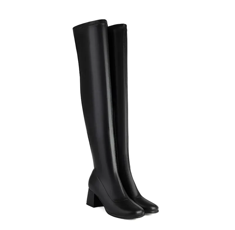 cold weather outfits JazzHer Autumn Over Knee Boots 6cm Chunky Heel Round Toe Leather Thigh High Big Size 45 46 47 48 US17 Black White