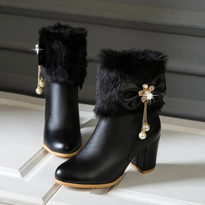 cold weather outfits JazzHer Womens Ankle boots Tassel Bowtie Lovely Lolita Fashion High Heel White Black Fur Ladies Party Shoes