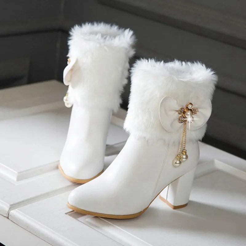 cold weather outfits JazzHer Womens Ankle boots Tassel Bowtie Lovely Lolita Fashion High Heel White Black Fur Ladies Party Shoes