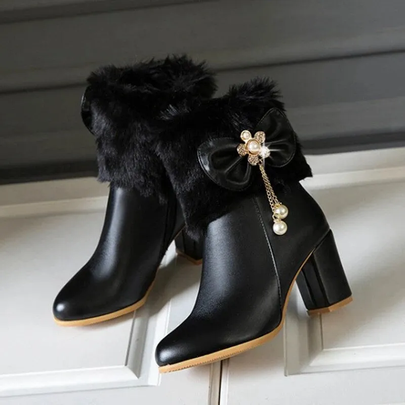 cold weather outfits JazzHer Womens Ankle boots Tassel Bowtie Lovely Lolita Fashion High Heel White Black Fur Ladies Party Shoes