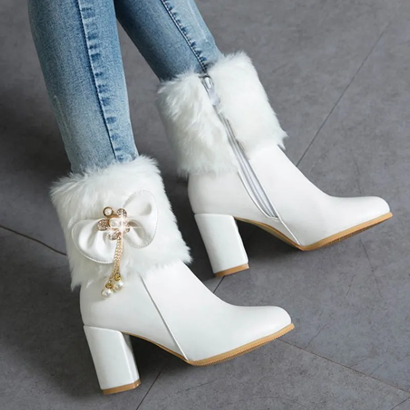 cold weather outfits JazzHer Womens Ankle boots Tassel Bowtie Lovely Lolita Fashion High Heel White Black Fur Ladies Party Shoes