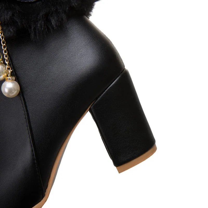 cold weather outfits JazzHer Womens Ankle boots Tassel Bowtie Lovely Lolita Fashion High Heel White Black Fur Ladies Party Shoes