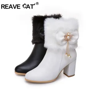 cold weather outfits JazzHer Womens Ankle boots Tassel Bowtie Lovely Lolita Fashion High Heel White Black Fur Ladies Party Shoes