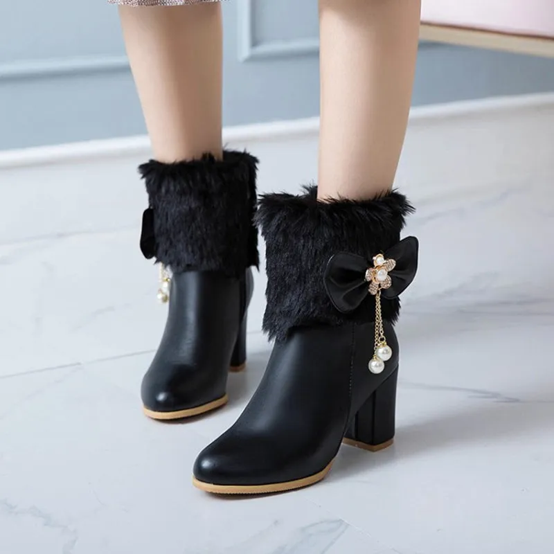 cold weather outfits JazzHer Womens Ankle boots Tassel Bowtie Lovely Lolita Fashion High Heel White Black Fur Ladies Party Shoes