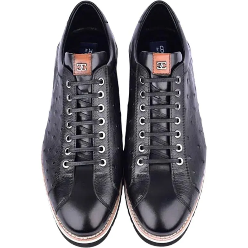 Corrente Men’s Mid-top Genuine Ostrich Leather Black Round Toe Sneaker