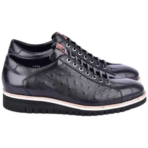 Corrente Men’s Mid-top Genuine Ostrich Leather Black Round Toe Sneaker