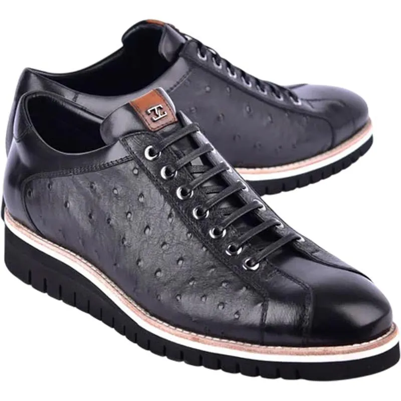 Corrente Men’s Mid-top Genuine Ostrich Leather Black Round Toe Sneaker
