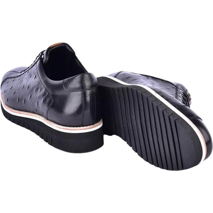 Corrente Men’s Mid-top Genuine Ostrich Leather Black Round Toe Sneaker