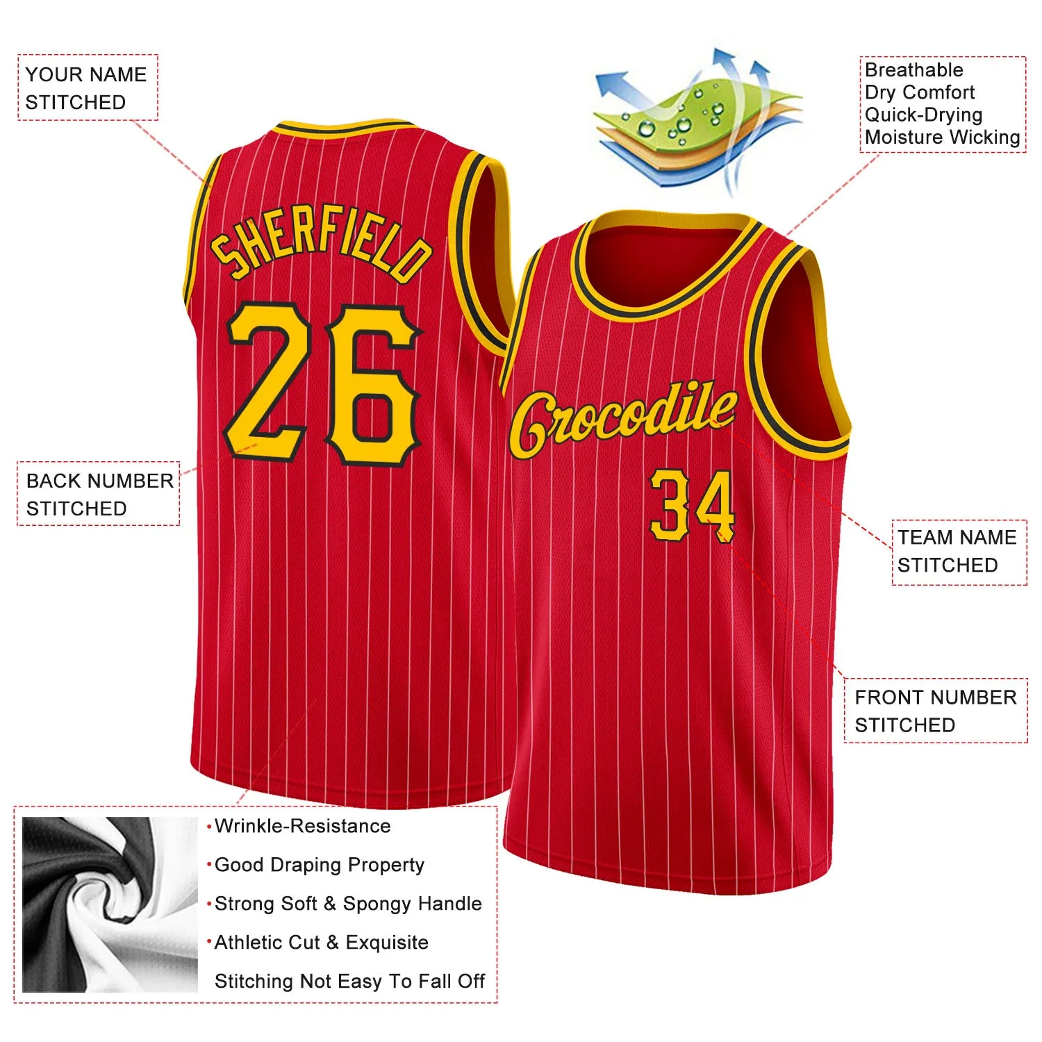 Custom Red Gold Pinstripe Gold-Black Authentic Throwback Basketball Jersey