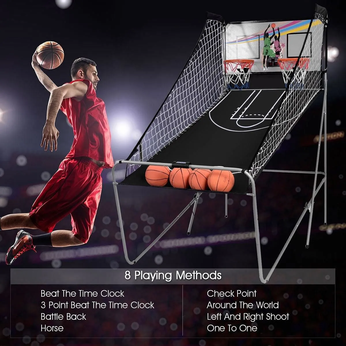 Foldable Double Electronic Basketball Game with 4 Balls Indoor-Gray - Color: Gra