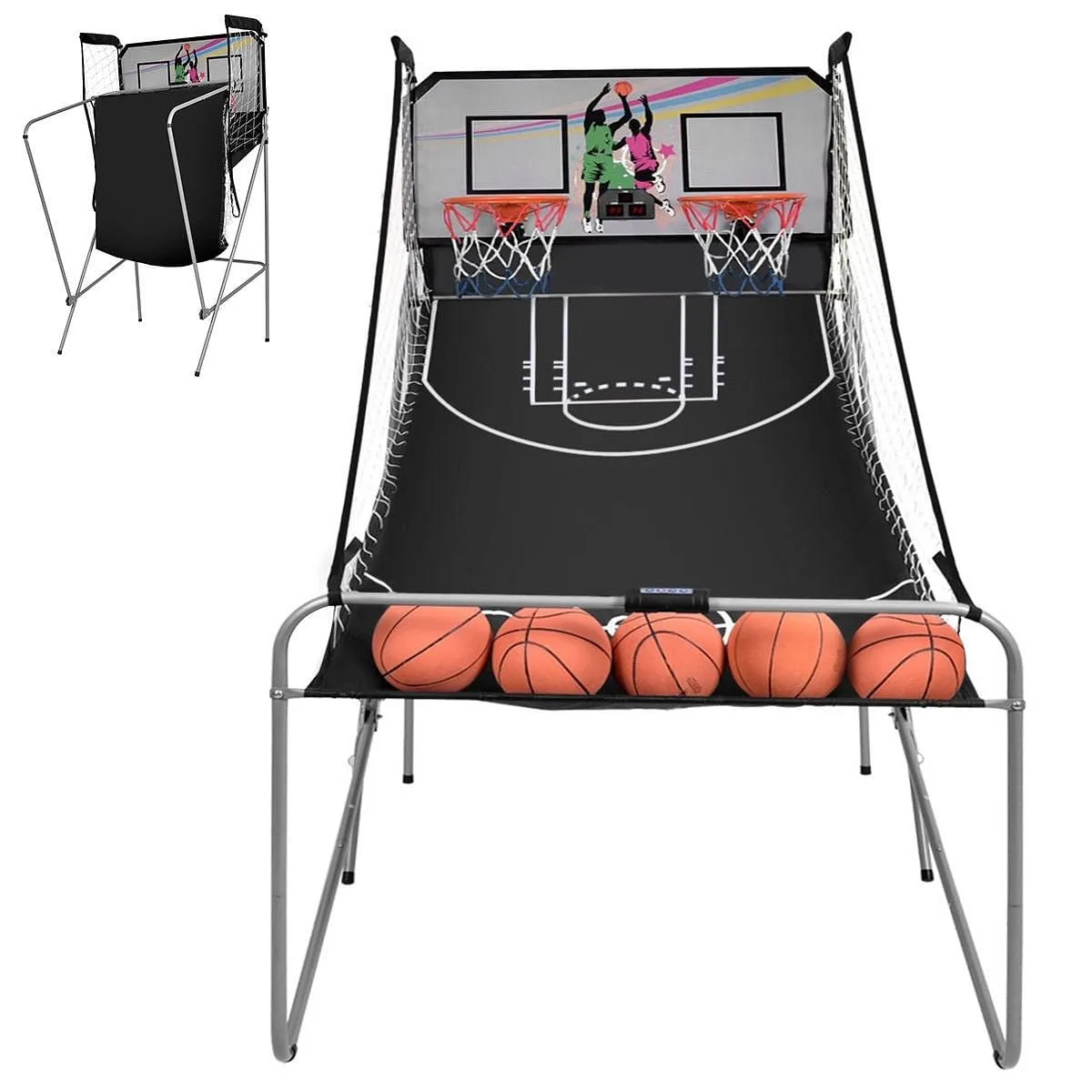 Foldable Double Electronic Basketball Game with 4 Balls Indoor-Gray - Color: Gra
