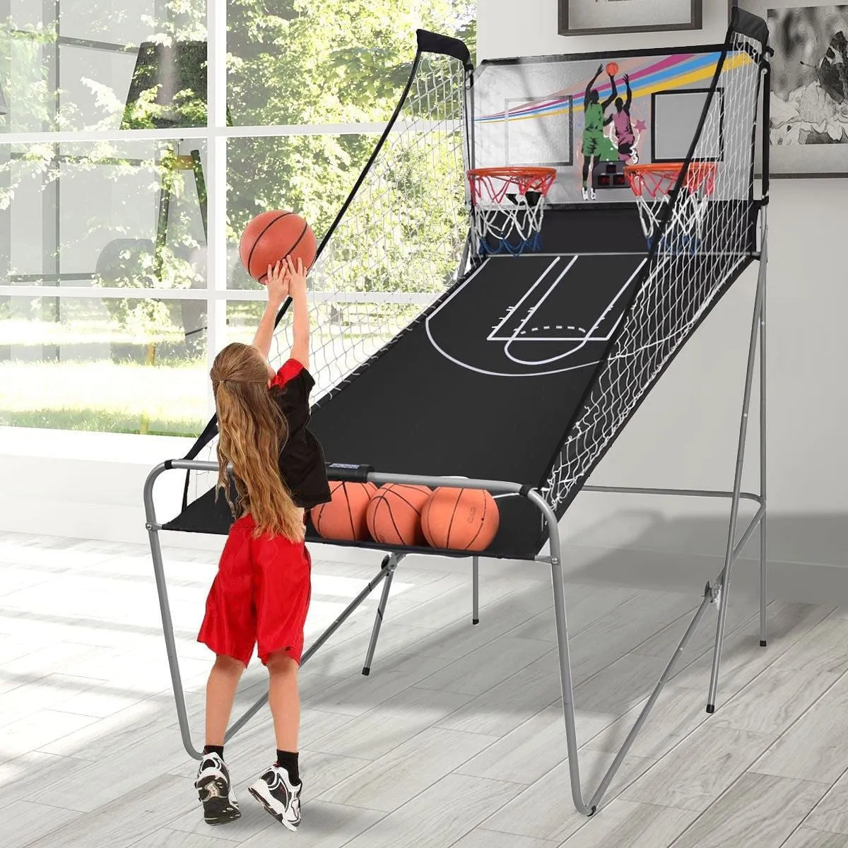 Foldable Double Electronic Basketball Game with 4 Balls Indoor-Gray - Color: Gra
