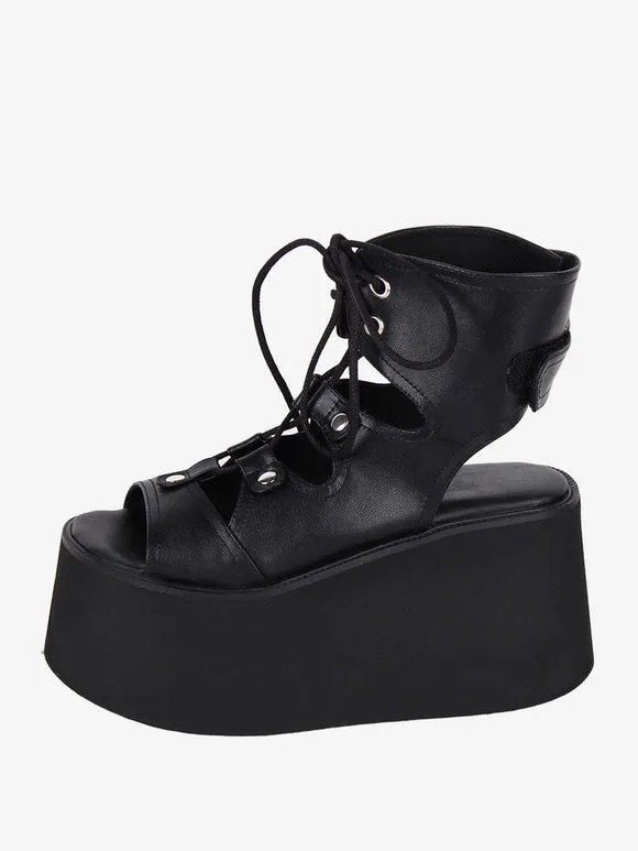 Gothic Lolita Sandals Grommets Open Toe Metallic PU Leather Black Lolita Summer Shoes