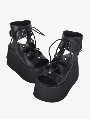 Gothic Lolita Sandals Grommets Open Toe Metallic PU Leather Black Lolita Summer Shoes