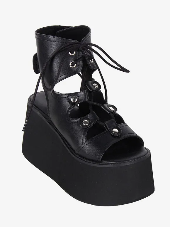 Gothic Lolita Sandals Grommets Open Toe Metallic PU Leather Black Lolita Summer Shoes