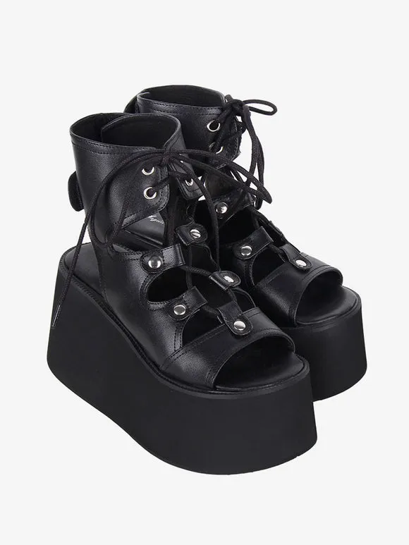 Gothic Lolita Sandals Grommets Open Toe Metallic PU Leather Black Lolita Summer Shoes