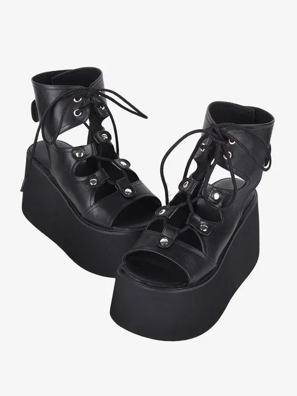 Gothic Lolita Sandals Grommets Open Toe Metallic PU Leather Black Lolita Summer Shoes