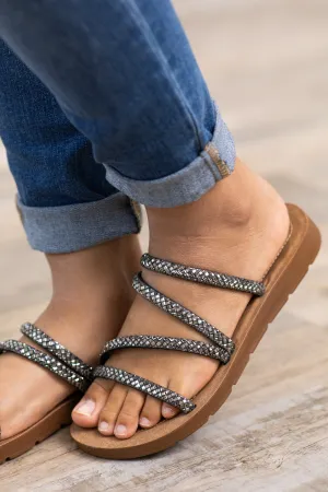 Gunmetal Glitter Criss-Cross Strap Sandals