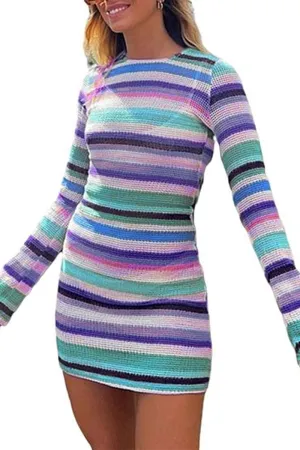 HBS1231 Striped Knit Bodycon Dress