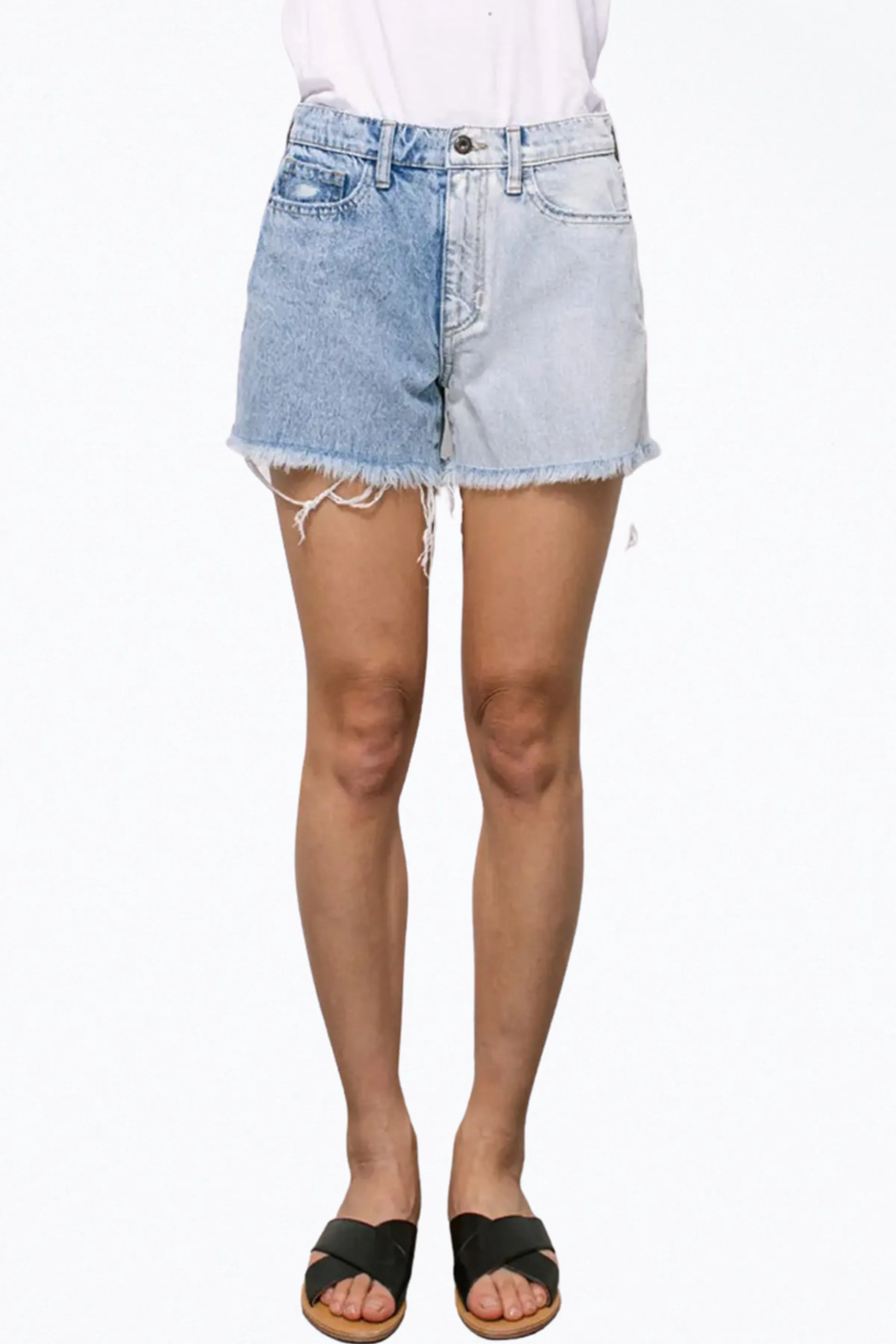 HIGH-RISE TWO-TONE DISTRESSED DENIM SHORTS