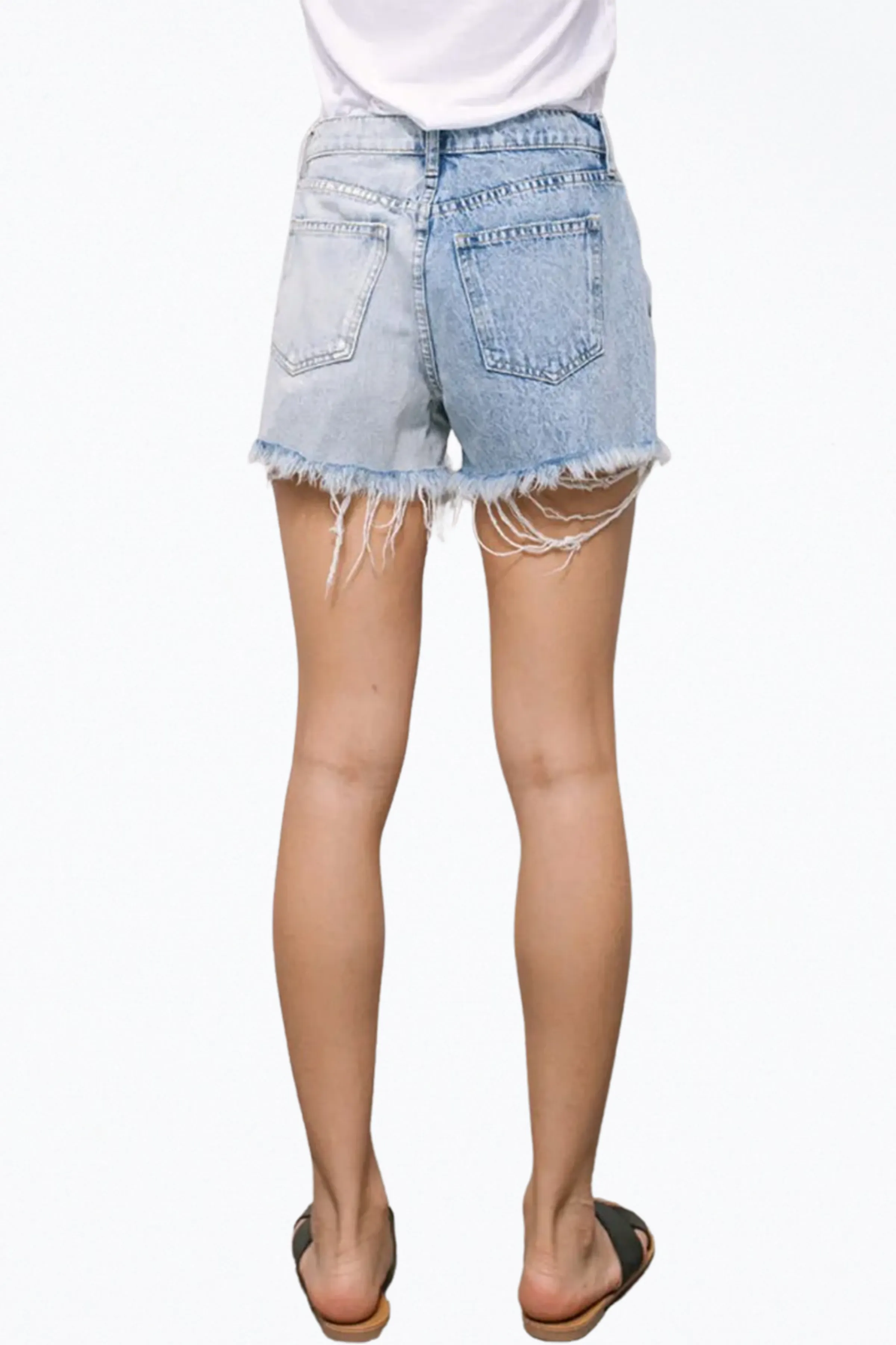 HIGH-RISE TWO-TONE DISTRESSED DENIM SHORTS