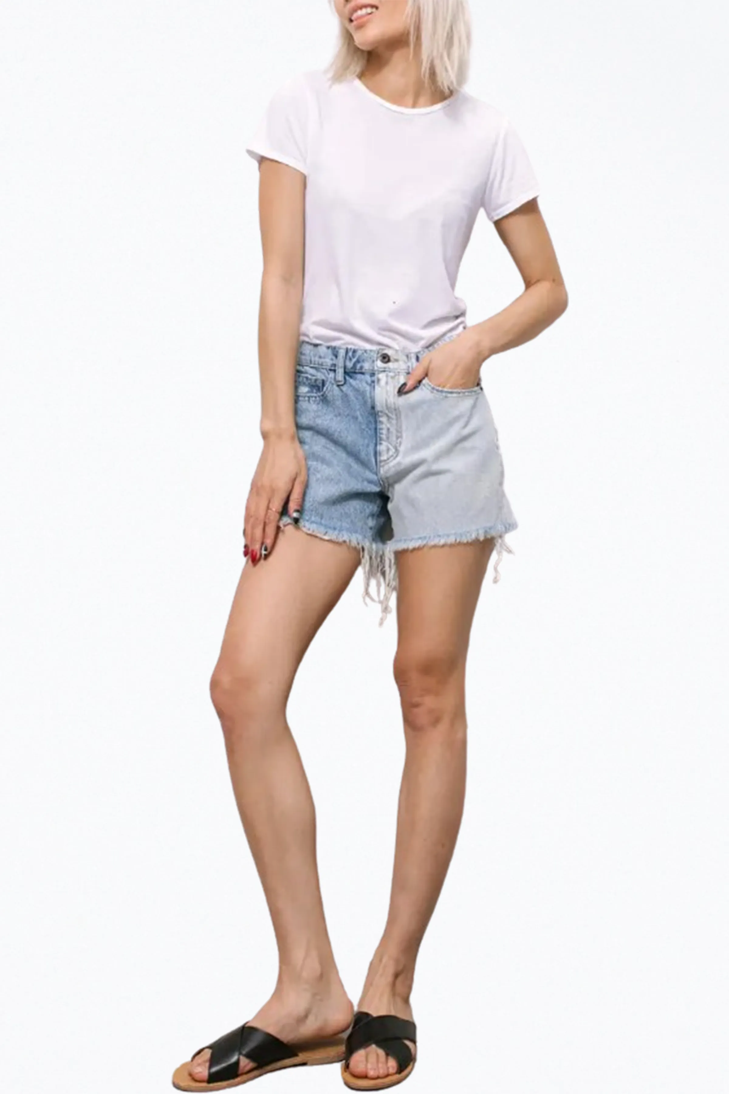 HIGH-RISE TWO-TONE DISTRESSED DENIM SHORTS