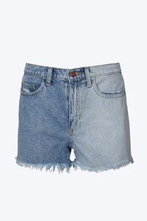 HIGH-RISE TWO-TONE DISTRESSED DENIM SHORTS