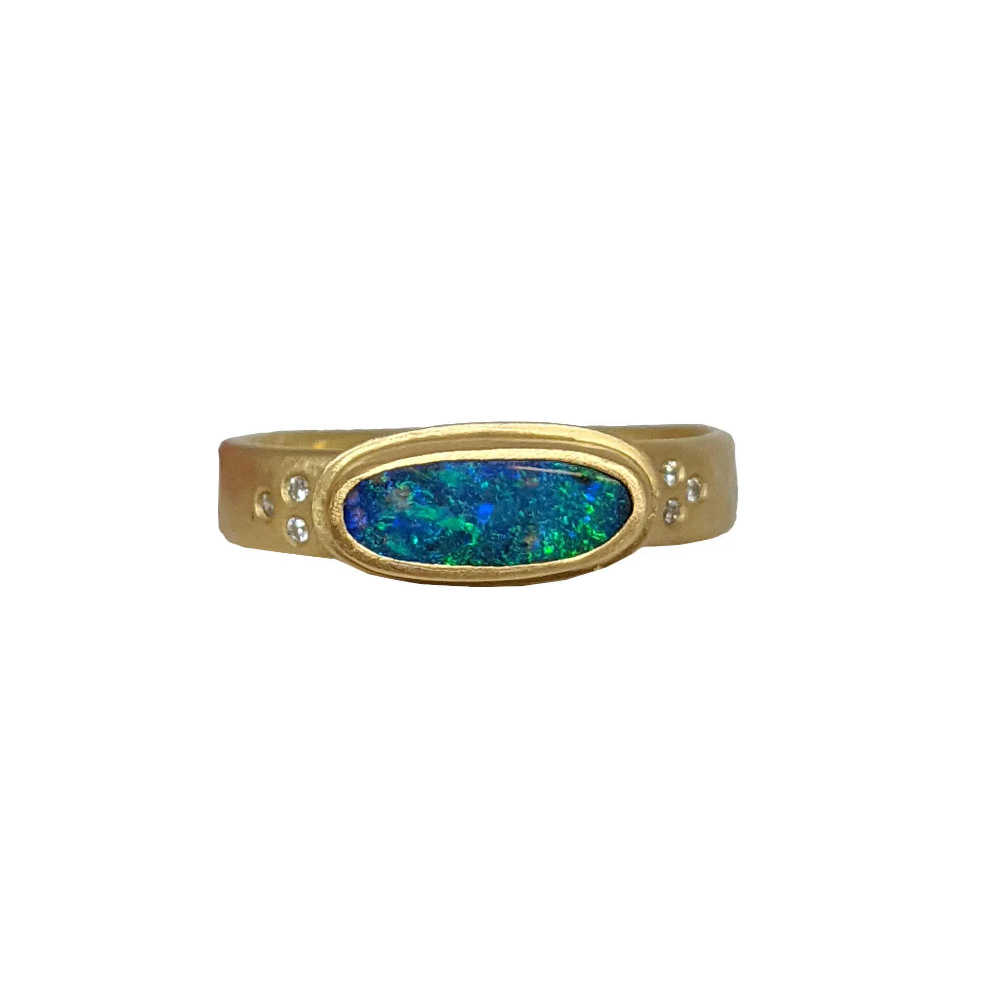 Horizontal Boulder Opal Ring with Flush Set Diamonds by Ananda Khalsa