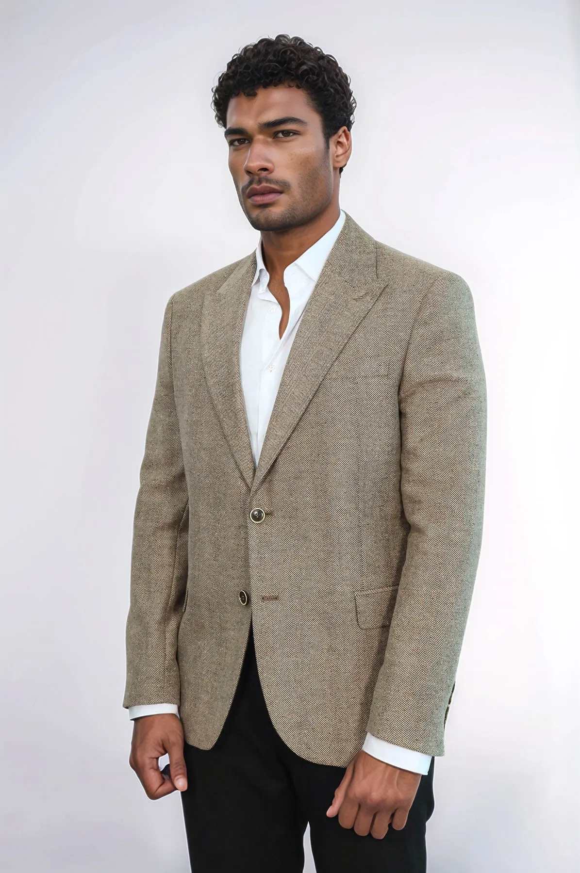 Houndstooth Pattern Wool Cream Men Blazer - Wessi