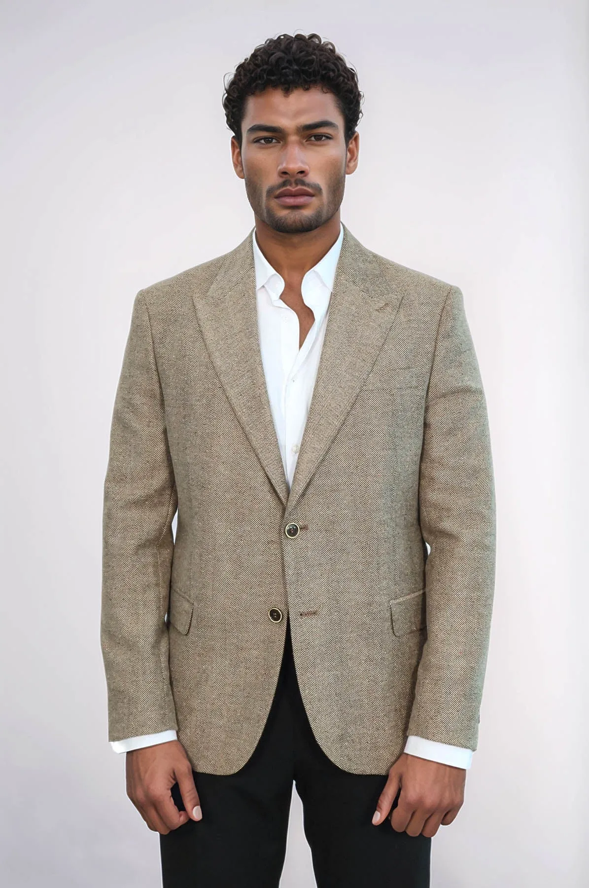 Houndstooth Pattern Wool Cream Men Blazer - Wessi